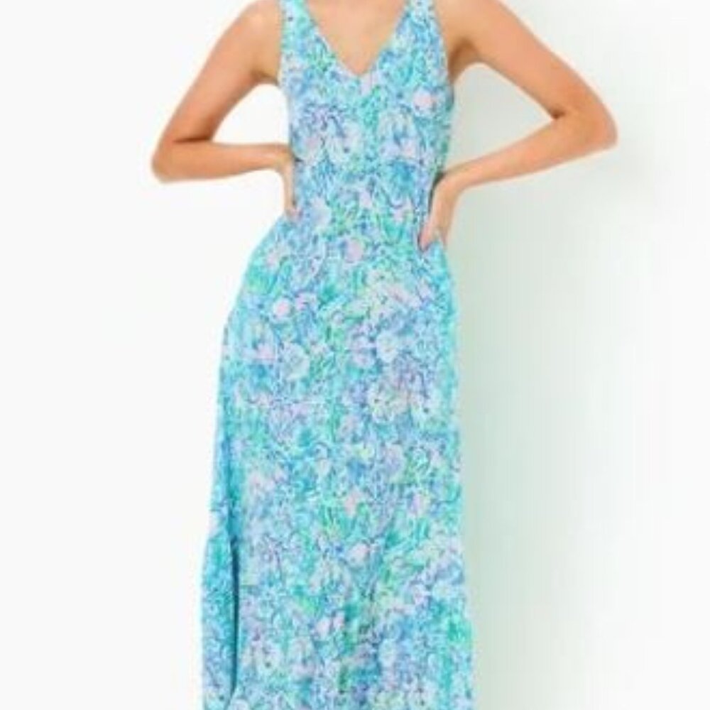 NWT Lilly Pulitzer Madsen V-Neck Midi Dress Cumulus Blue Chick Magnet Dress L
